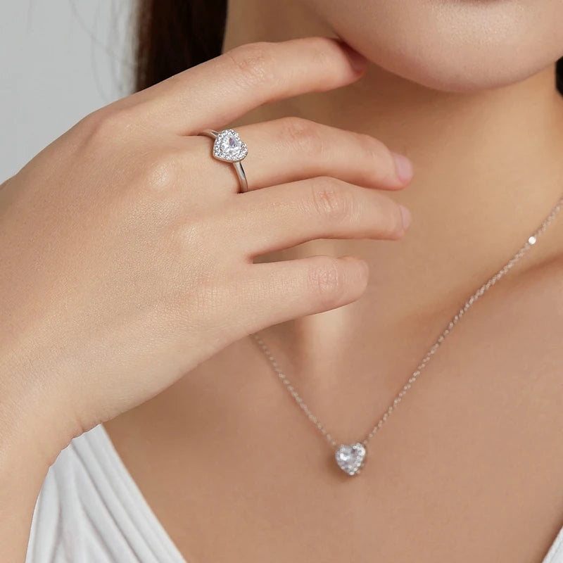 SHE JOY Heart Stone Necklace and Ring Bright Love
