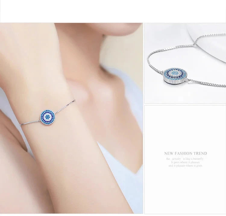 SHE JOY Blue Round Evil Eye Chain Link Bracelet