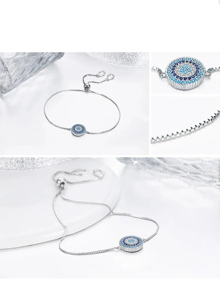 SHE JOY Blue Round Evil Eye Chain Link Bracelet