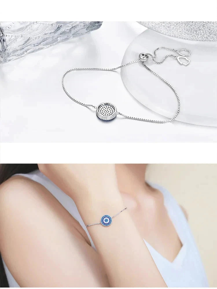 SHE JOY Blue Round Evil Eye Chain Link Bracelet