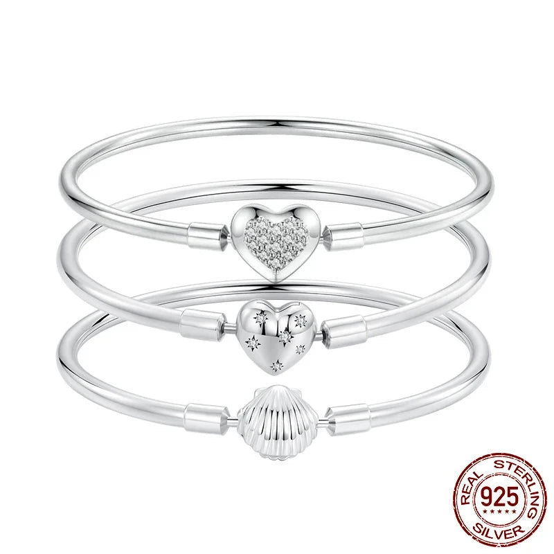 SHE JOY Sterling Silver Charm Bracelet, Classic Heart/Shell Basic Bangle