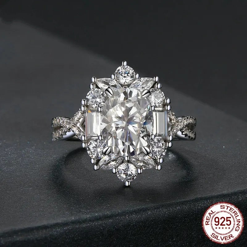 Big Flower 2024 Ring Silver 925 with White Zircons,Τurquoise and White Shell stones/Chunky Impresive Present for Women