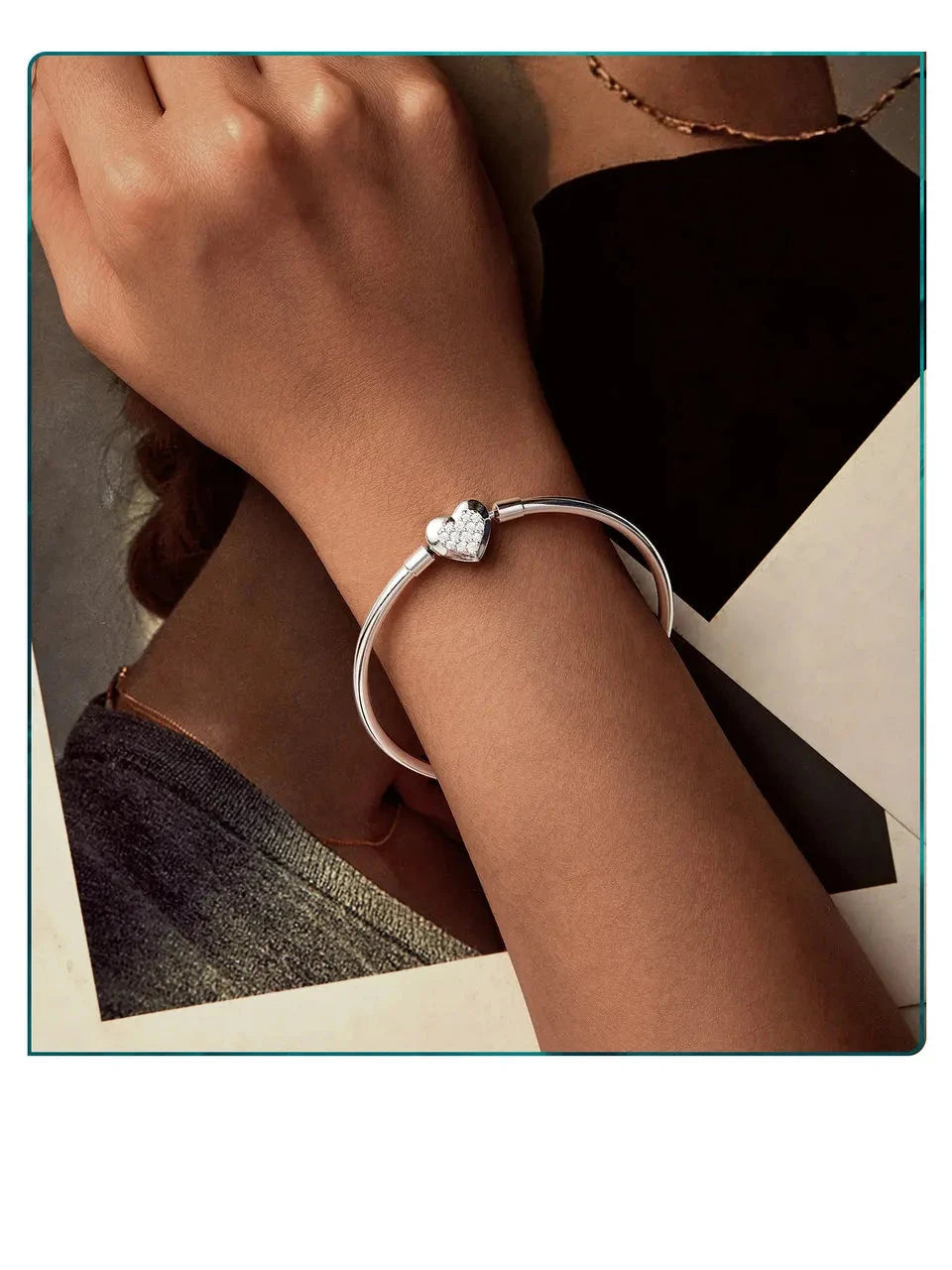 SHE JOY Sterling Silver Charm Bracelet, Classic Heart/Shell Basic Bangle