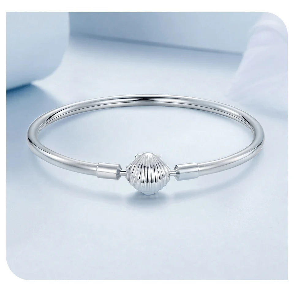 SHE JOY Sterling Silver Charm Bracelet, Classic Heart/Shell Basic Bangle